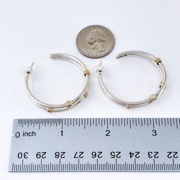 Vintage Sterling Silver 925 Double Shank Gold-Tone Wire Wrapped Hoop Earrings - Picture 8 of 9